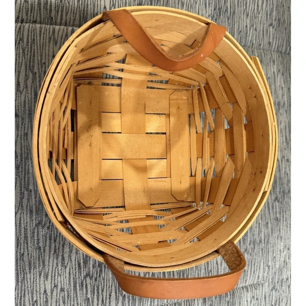 Vintage Round Woven Royce Craft Basket Leather Handles Made in Ohio 7